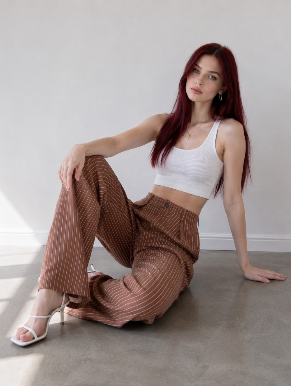 Free People Pinstripe Wide Leg Trouser Pants NWT Brown Slouchy Pleated Boho Chic